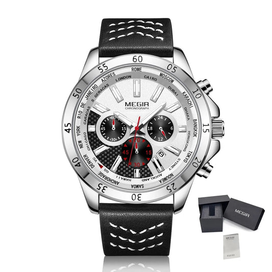 MEGIR Sports Watches for Mens Luxury Quartz Clock Chronograph Leather Fashion Casual Wristwatch Army Military Watch Reloj Hombre