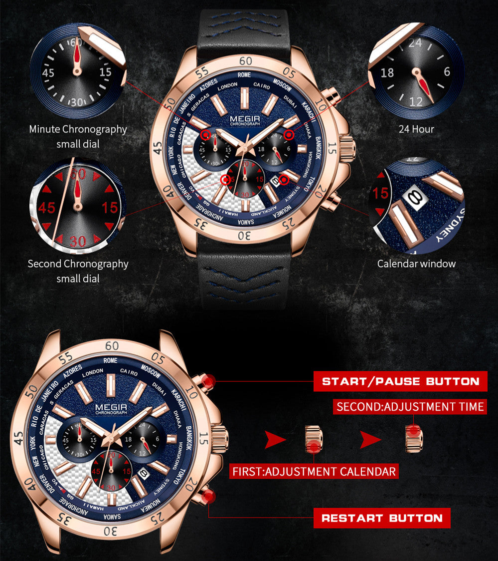 MEGIR Sports Watches for Mens Luxury Quartz Clock Chronograph Leather Fashion Casual Wristwatch Army Military Watch Reloj Hombre