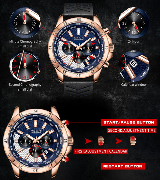 MEGIR Sports Watches for Mens Luxury Quartz Clock Chronograph Leather Fashion Casual Wristwatch Army Military Watch Reloj Hombre
