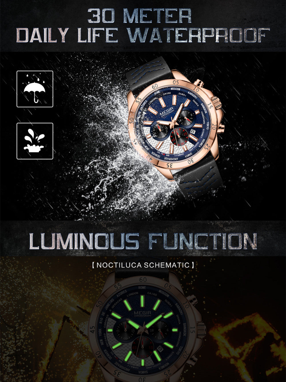 MEGIR Sports Watches for Mens Luxury Quartz Clock Chronograph Leather Fashion Casual Wristwatch Army Military Watch Reloj Hombre