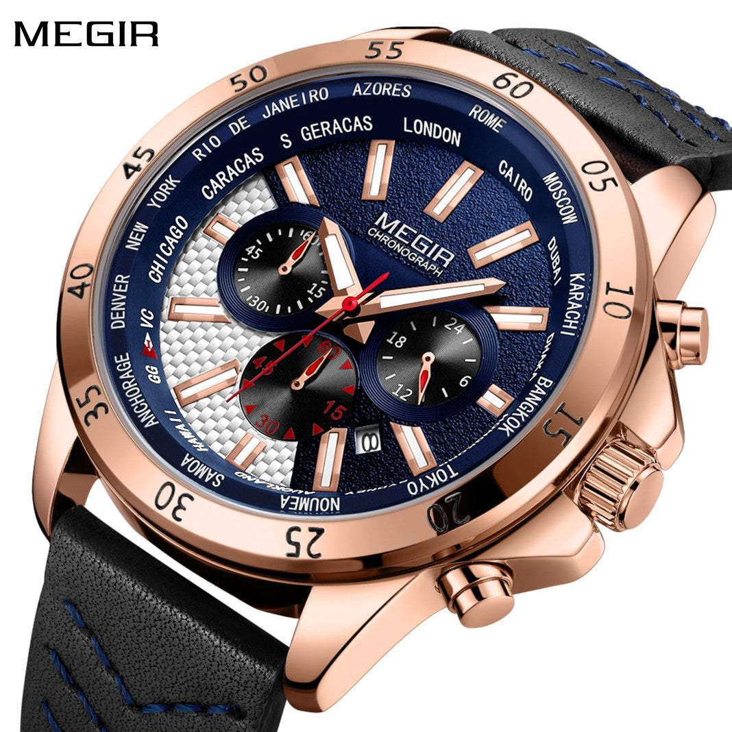 MEGIR Sports Watches for Mens Luxury Quartz Clock Chronograph Leather Fashion Casual Wristwatch Army Military Watch Reloj Hombre