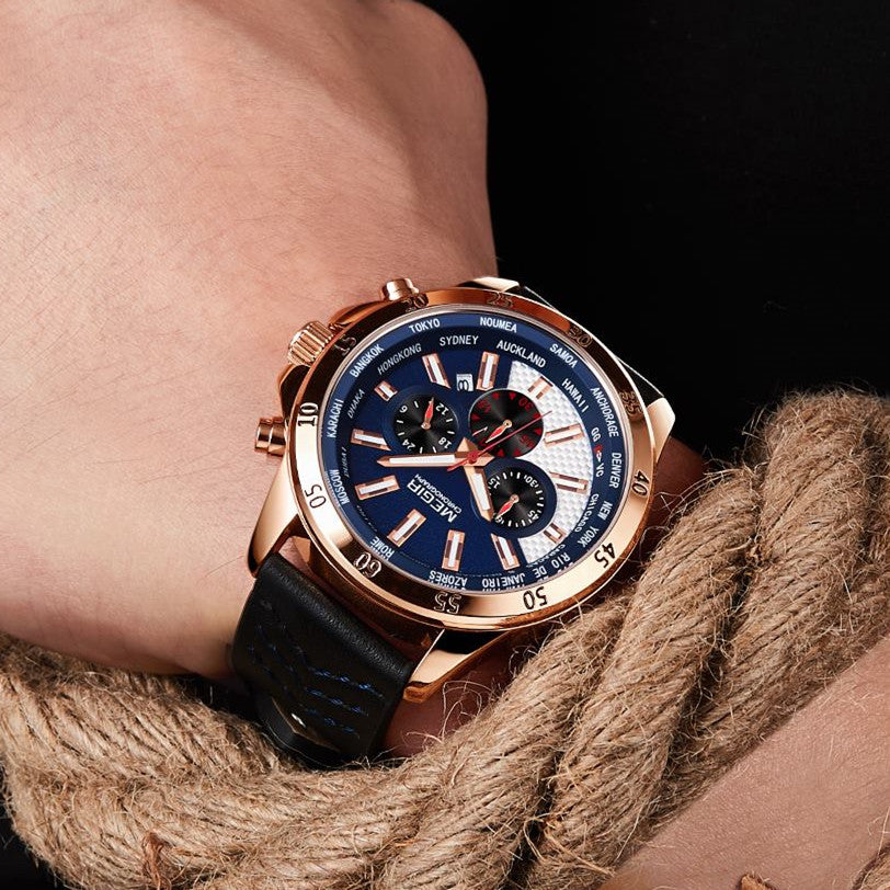 MEGIR Sports Watches for Mens Luxury Quartz Clock Chronograph Leather Fashion Casual Wristwatch Army Military Watch Reloj Hombre
